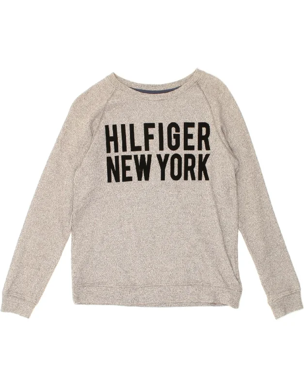 TOMMY HILFIGER Womens Oversized Graphic Sweatshirt Jumper UK 6 XS Grey Hoodie with Cuffed Sleeves Snug Secure