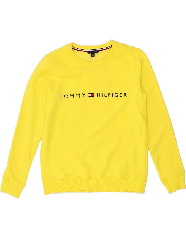 TOMMY HILFIGER Womens Graphic Sweatshirt Jumper UK 10 Small Yellow Cotton Hoodie with Slim Fit Tailored Modern