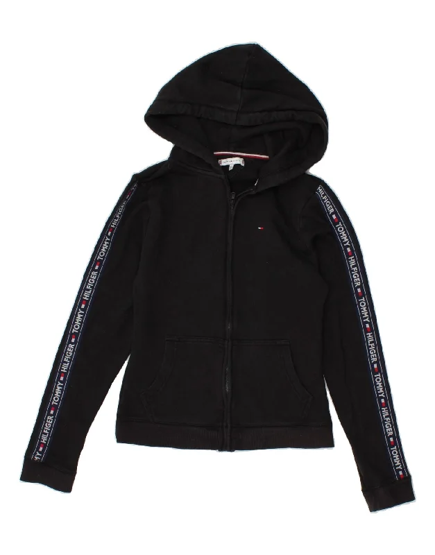 TOMMY HILFIGER Womens Graphic Zip Hoodie Sweater UK 6 XS Black Colourblock Hoodie with Bell Sleeves Flared Feminine