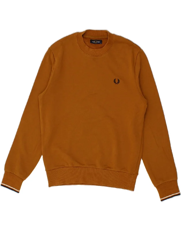 FRED PERRY Mens Sweatshirt Jumper Medium Brown Cotton Hoodie with Mock Neck Collared Structured