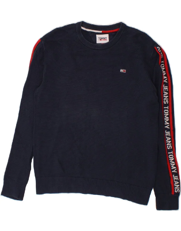 TOMMY HILFIGER Mens Graphic Sweatshirt Jumper Small Navy Blue Cotton Hoodie with Emblem Brand Identity