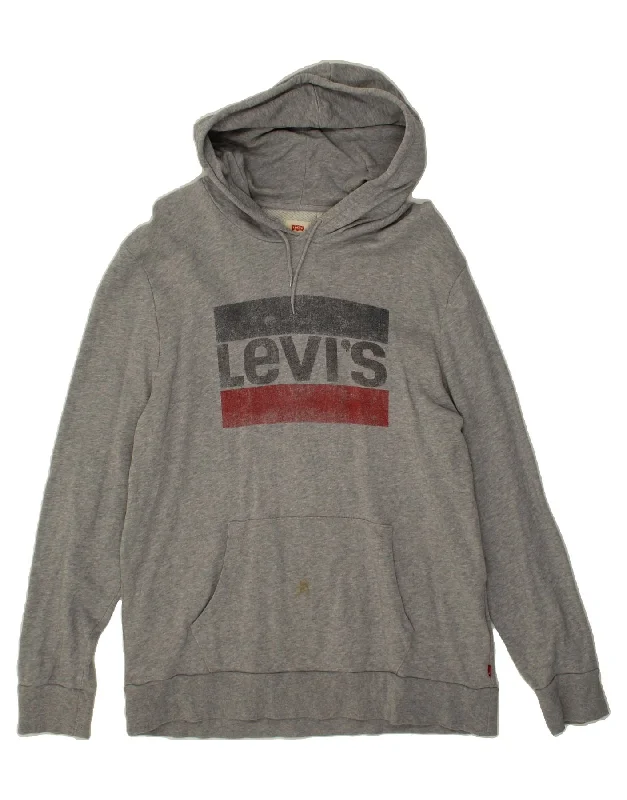 LEVI'S Mens Graphic Hoodie Jumper XL Grey Cotton Hoodie with Puffed Sleeves Voluminous Trendy