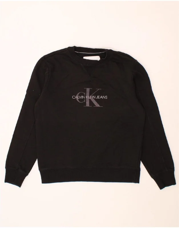 CALVIN KLEIN JEANS Mens Graphic Sweatshirt Jumper Small Black Cotton Hoodie Crop Top Short Trendy