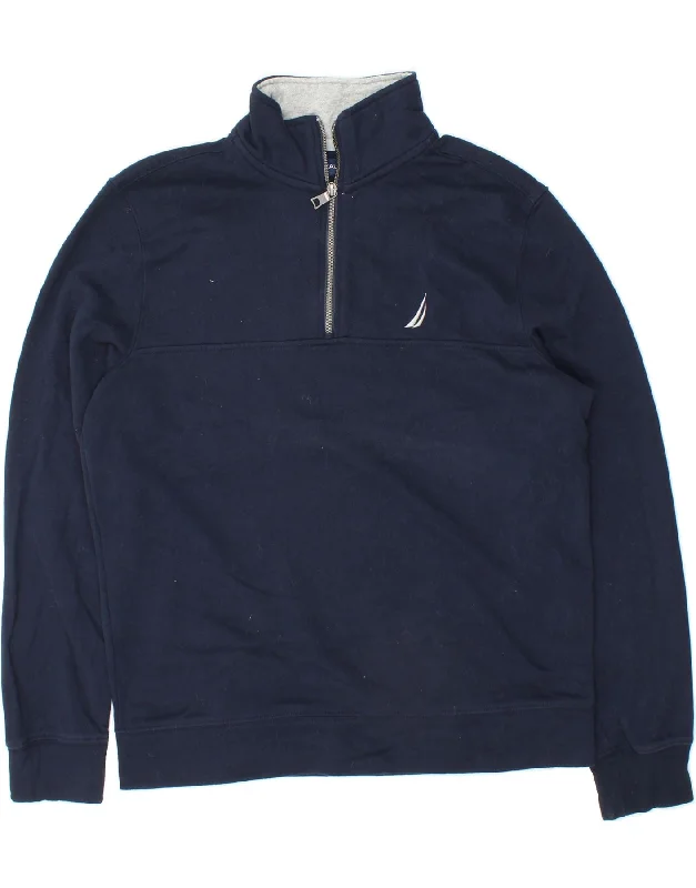 NAUTICA Mens Zip Neck Sweatshirt Jumper Small Navy Blue Cotton Hoodie with Hem Frayed Vintage Worn