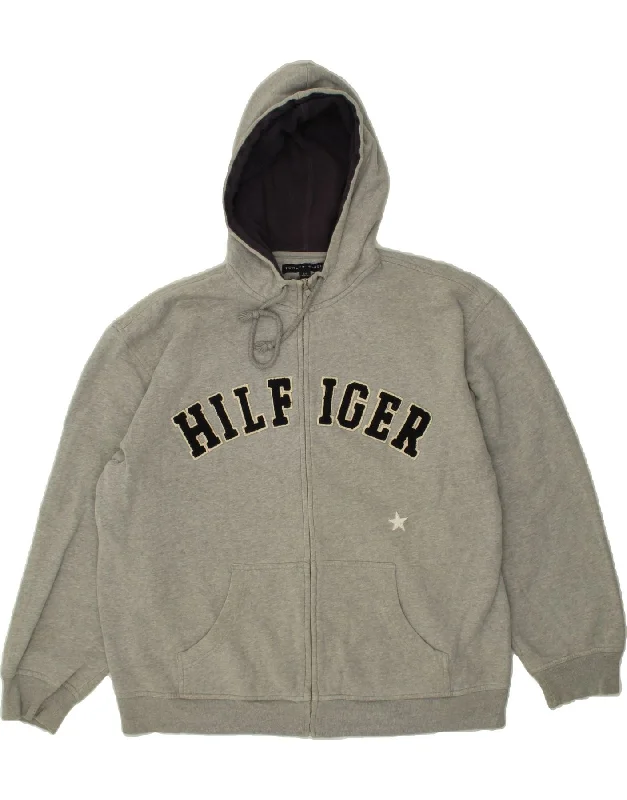 TOMMY HILFIGER Mens Graphic Zip Hoodie Sweater Large Grey Cotton Hoodie with Typography Text Message