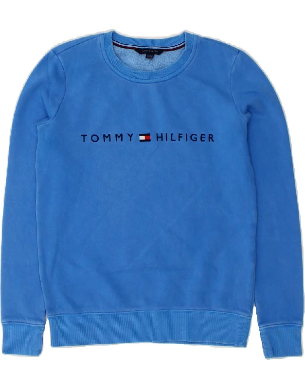 TOMMY HILFIGER Mens Graphic Sweatshirt Jumper 2XS Blue Cotton Hoodie with Hem Fringe Bohemian Relaxed