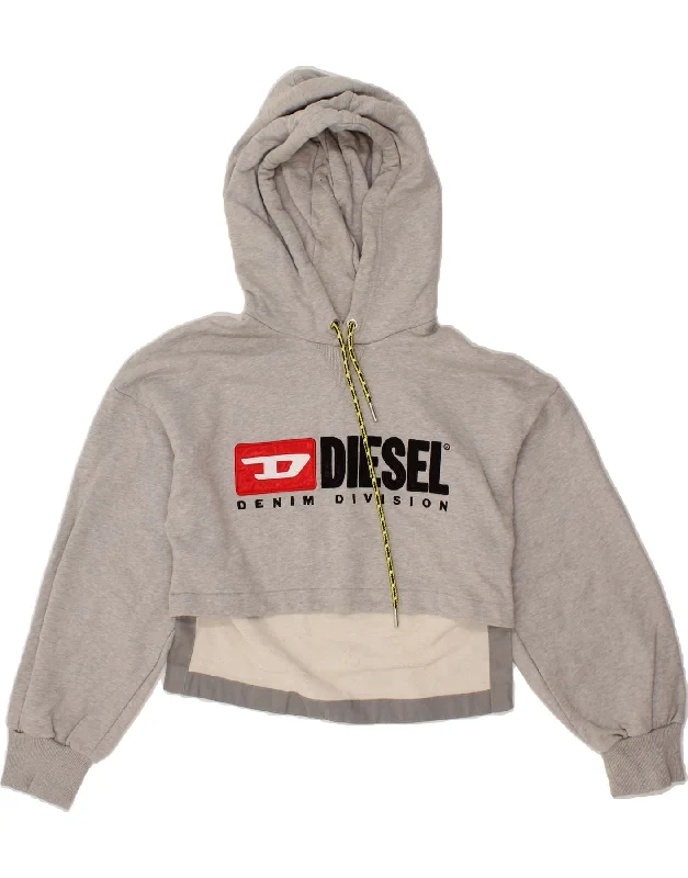 DIESEL Womens Crop Graphic Hoodie Jumper UK 12 Medium Grey Cotton Hoodie with Metallic Shiny Futuristic