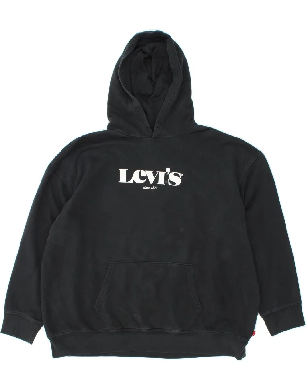 LEVI'S Mens Relaxed Fit Graphic Hoodie Jumper 3XL Black Cotton Hoodie with Hem Lace Feminine Delicate