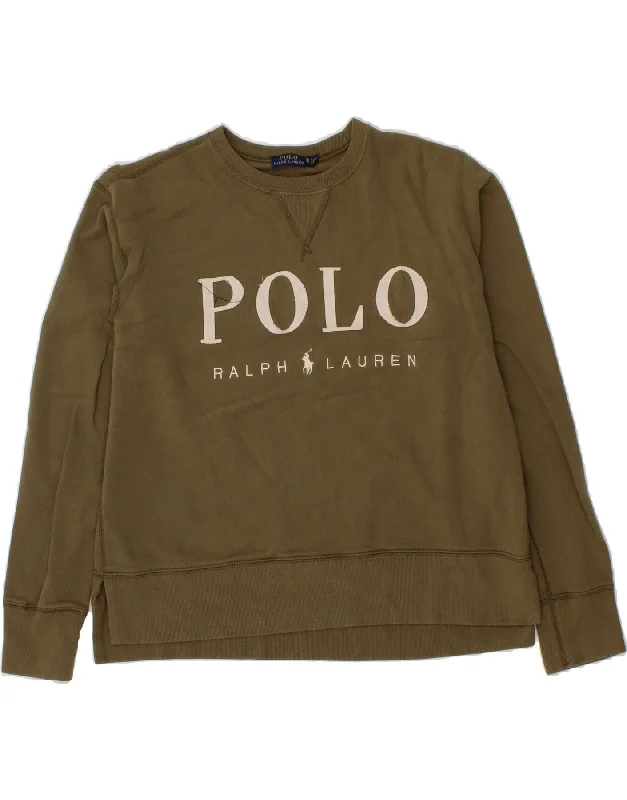 POLO RALPH LAUREN Womens Oversized Graphic Sweatshirt Jumper UK 6 XS Khaki Hoodie with Ribbed Neckline Snug Warm