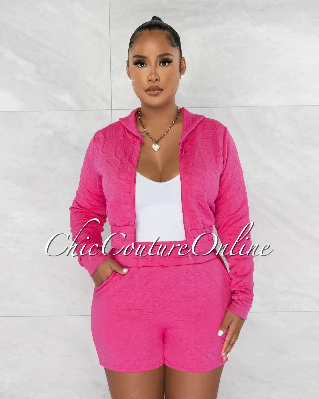 Gianpaul Bubblegum Pink Crop Hoodie & Shorts Textured Set Hoodie with Cropped Fit Short Trendy