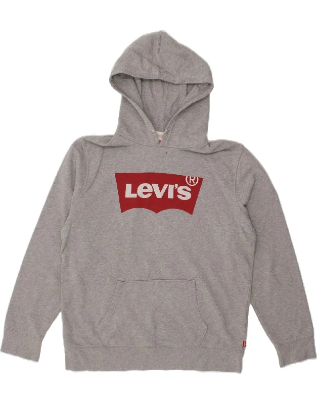 LEVI'S Mens Graphic Hoodie Jumper Large Grey Cotton Hoodie with Neon Bright Vibrant