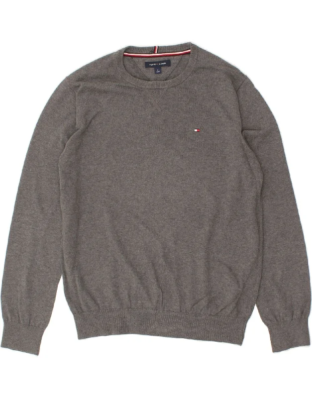 TOMMY HILFIGER Mens Sweatshirt Jumper Medium Grey Cotton Hoodie with Raw Hem Edgy Unfinished