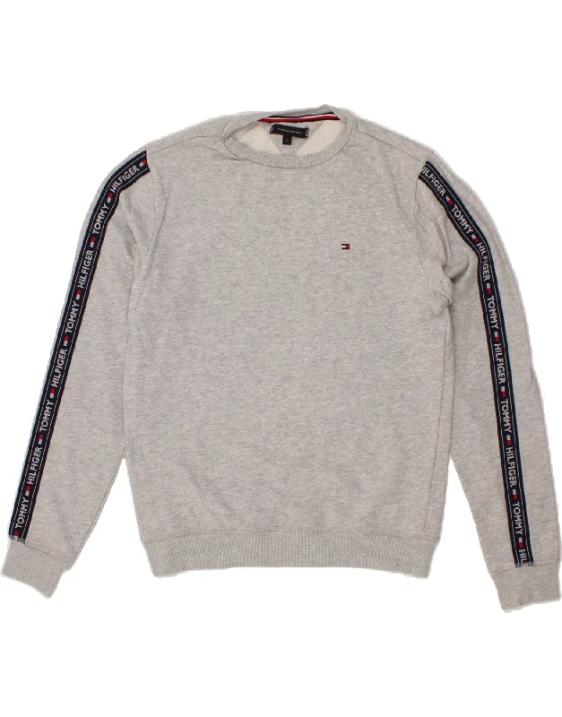 TOMMY HILFIGER Mens Graphic Sweatshirt Jumper Medium Grey Cotton Hoodie with High Neck Warm Protective