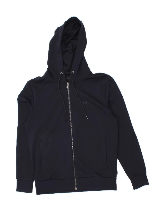 HUGO BOSS Mens Zip Hoodie Sweater Small Navy Blue Cotton Hoodie with Cuffed Sleeves Snug Secure