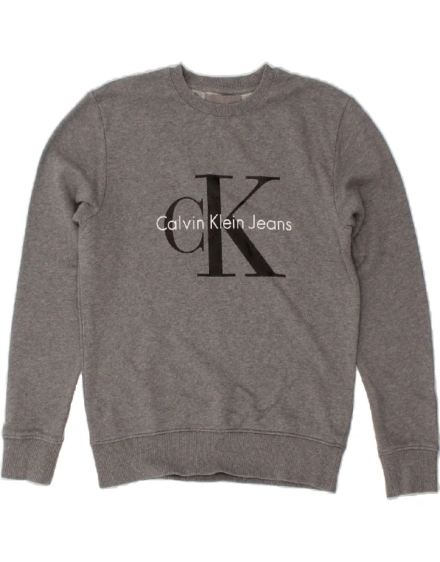 CALVIN KLEIN Mens Graphic Sweatshirt Jumper XS Grey Cotton Hoodie with Zipper Placket Modern Functional