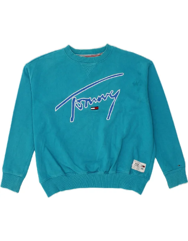 TOMMY HILFIGER Womens Oversized Sweatshirt Jumper UK 14 Medium Blue Hoodie with Rhinestones Sparkly Elegant