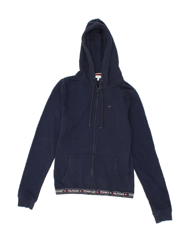 TOMMY HILFIGER Womens Zip Hoodie Sweater UK 10 Small Navy Blue Cotton Hoodie with Relaxed Fit Easy Casual