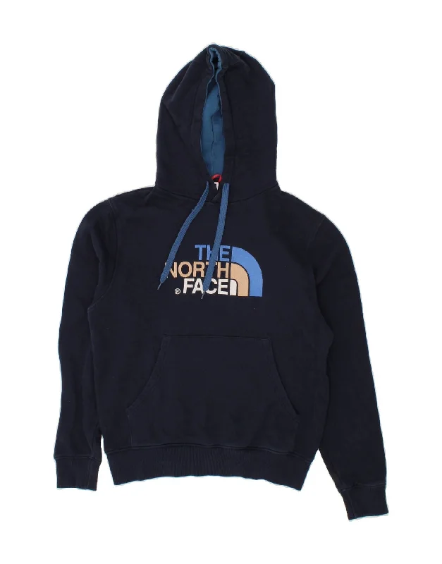 THE NORTH FACE Mens Graphic Hoodie Jumper Small Navy Blue Cotton Hoodie with Distressed Vintage Worn