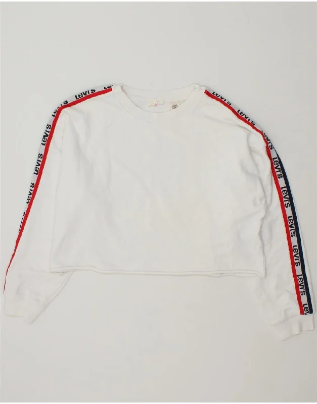 LEVI'S Womens Oversized Graphic Crop Sweatshirt Jumper UK 16 Large White Hoodie with Elastic Cuffs Stretchable Comfortable