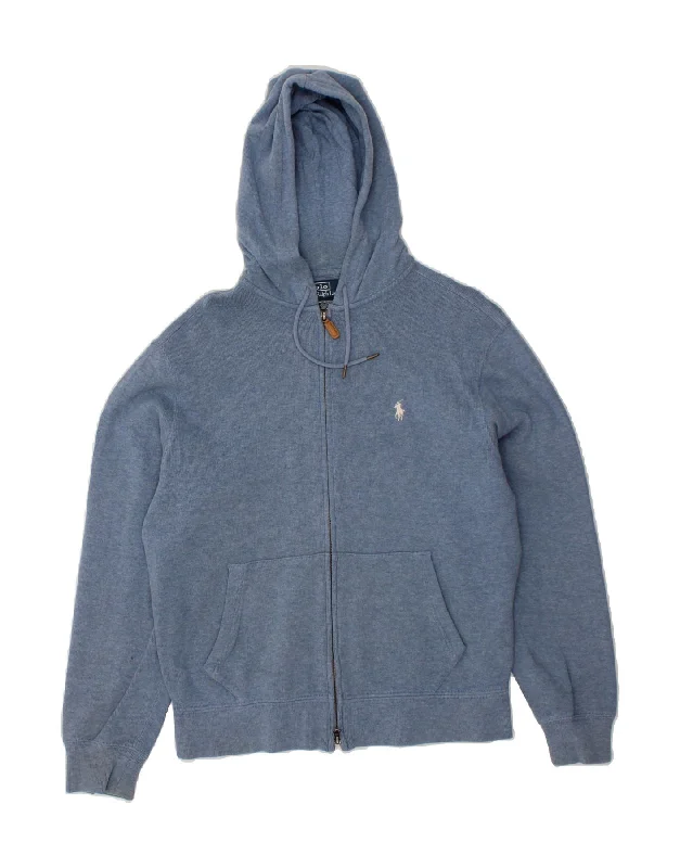 POLO RALPH LAUREN Mens Zip Hoodie Sweater Medium Blue Cotton Hoodie with Thumb Holes Functional Cozy