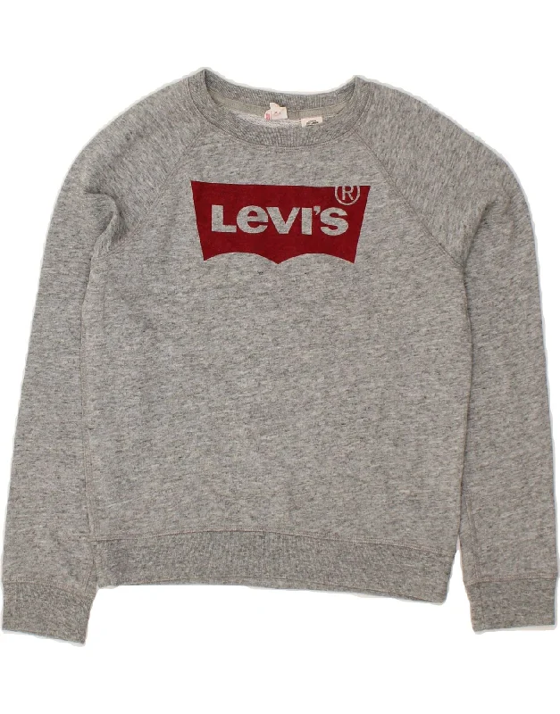 LEVI'S Womens Oversized Crop Graphic Sweatshirt Jumper UK 6 XS Grey Cotton Hoodie with Hem Ribbing Snug Secure