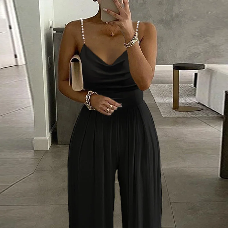 Wide Leg Sleeveless V-neck Halter Trousers Jumpsuit Trousers versatile functional