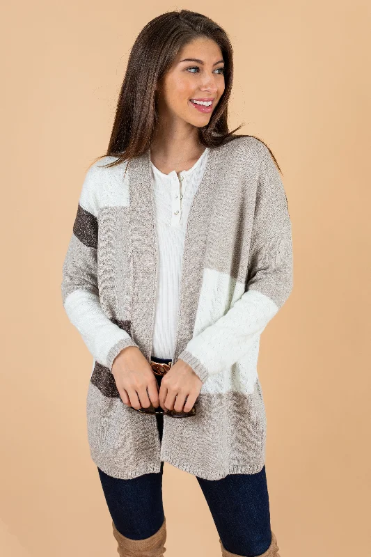 Stay A While Taupe Brown Colorblock Cardigan Lace Blend Ribbed Blend Corduroy Blend