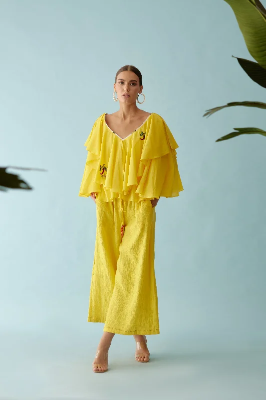 Yellow Hand Embroidered Chilli Applique Wide Leg Pants Casual Wide Pants