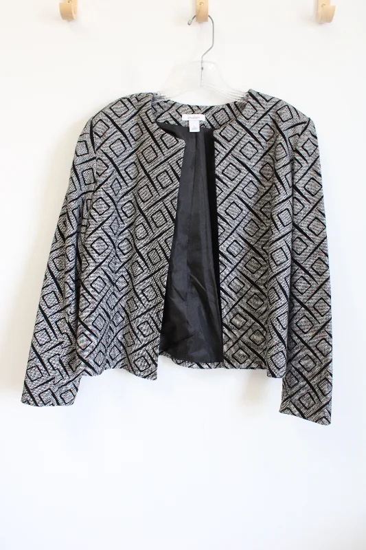 Dressbarn Black White Silver Woven Jacket | L Zip Front Button Front Snap Front