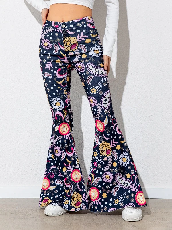 Floral High Waist Flare Leg Pants Formal Stretch Pants