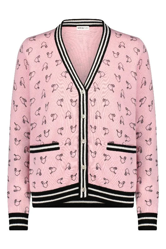 COTTON CASHMERE PICKLEBALL PRINT PINK CARDIGAN Handmade Hand-knitted Hand-woven