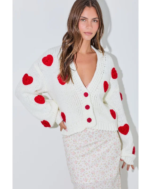 Hearts All Over Cardigan Ivory Cable Knit Ribbed Knit Lace Knit