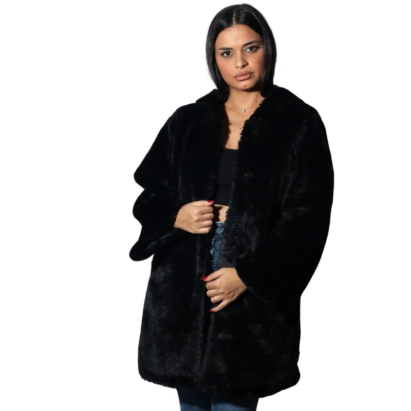 ART LOVE - Hooded faux fur jacket Front Pockets Side Pockets Patch Pockets