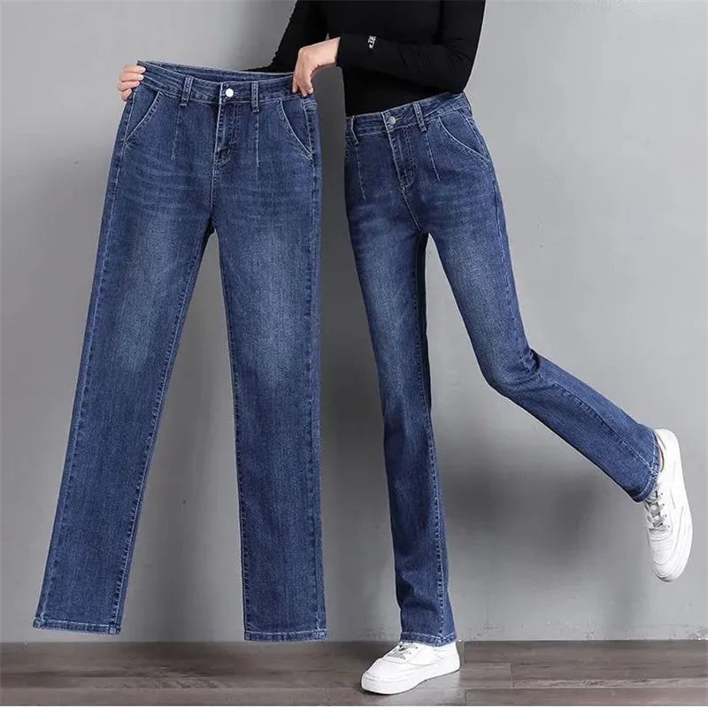 Vintage Stretch Straight Denim Trousers Women Streetwear Spring Autumn High Waist Slim Casual Pants Plus Size Ladies Jeans Trousers Flared Retro