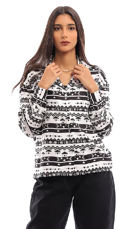 95474 Geometric Pattern Rayon Trendy Cardigan - Black & White Asymmetrical,ymmetric Pencil Cardigan