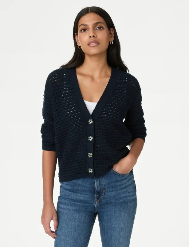 Cotton Rich Textured V-Neck Cardigan Asymmetrical,ymmetric Pencil Cardigan