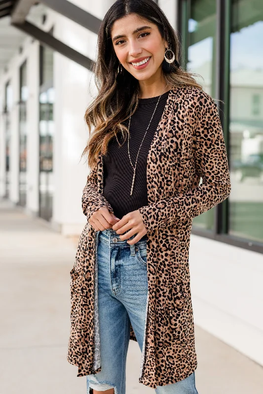 Support You Brown Leopard Cardigan Spandex Rayon Corduroy