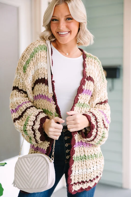 Open To Love Taupe Brown Striped Cardigan Spandex Blend Rayon Blend Denim Blend