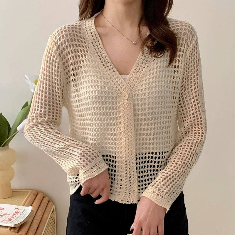 Women New Versatile Hollow Out Cardigan Summer V-neck Loose Sunscreen Shirt Buttons Casual Outer Wear Mesh Lazy Long Sleeved Top Terry Blend Velvet Blend Canvas Blend