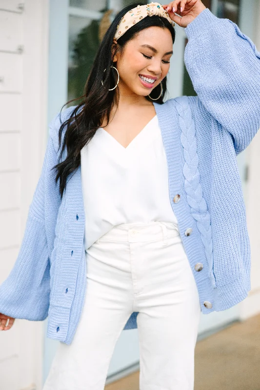 In Full Support Baby Blue Cable Knit Cardigan Cable Knit Ribbed Knit Lace Knit