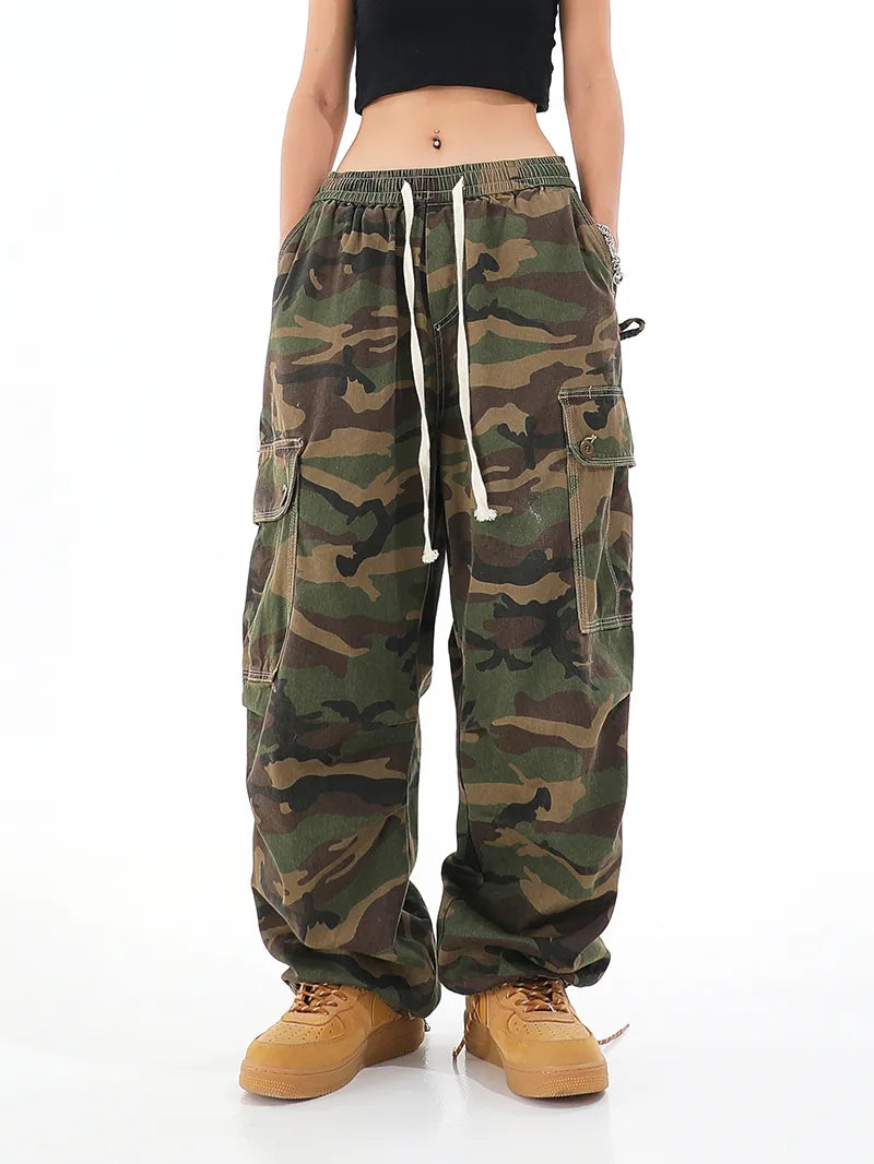 2022 Camouflage Women Cargo Pants Grunge Elastic Waist Hip Hop Sweatpants Unisex Joggers Trousers Vintage Pockets Wide Leg Pants Trousers Capri Summer