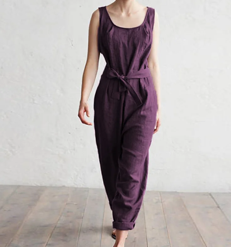 Sleeveless vest elegant high waist belt cotton casual jumpsuit trousers Trousers Business Professional