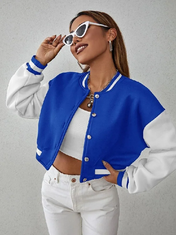 Women Solid Crop Varsity Jacket Fitted Jacket Loose Jacket Oversized Jacket