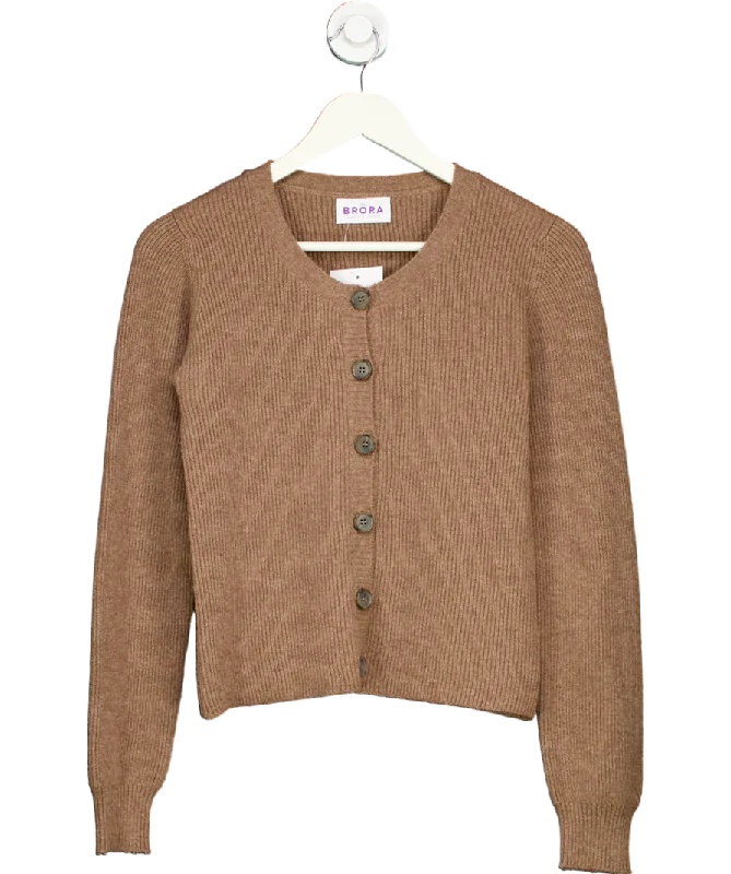 Brora Brown 100% Cashmere Round Neck Cardigan UK 8 Boat Neck Shawl Collar Notched Collar