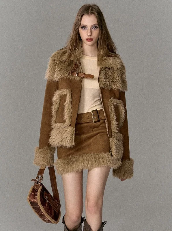 Suede Fur Skirt And Jacket Two-Piece Set Satin Jacket Silk Jacket Chiffon Jacket