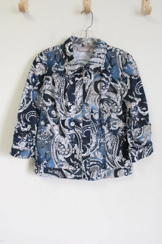 Chico's Blue Tan Paisley Zip Down Light Jacket | 0 (S) Front Pockets Side Pockets Patch Pockets