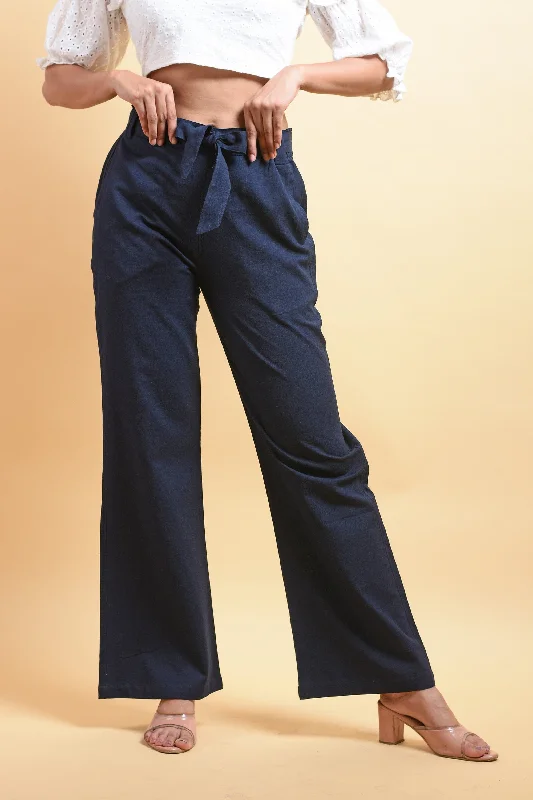 Blue Cotton Linen Wide Leg Trousers Trousers cozy soft