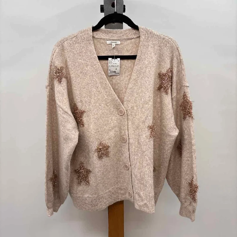 Maurices Women's Size L Tan Stars Cardigan Iron Safe Non-Iron Wrinkle Free