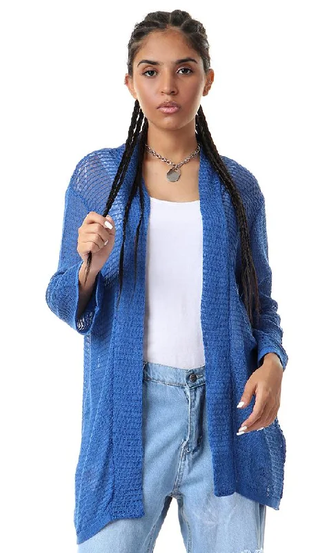 56647 Knitted Open Neckline Blue Cardigan Nylon Fabric Polyester Fabric Spandex Fabric