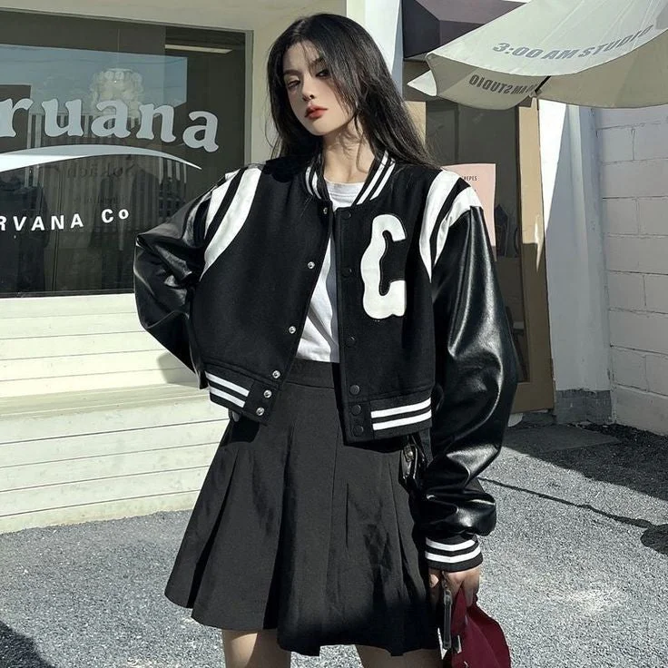 Korean Style Fashion Leather Sleeve Baseball Varsity Jacket For Women Clothing Apparels One-Shoulder Jacket Off-the-Shoulder Jacket Asymmetrical Jacket